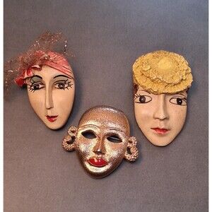 Vintage Lady Face Brooches M Jent & Composition
